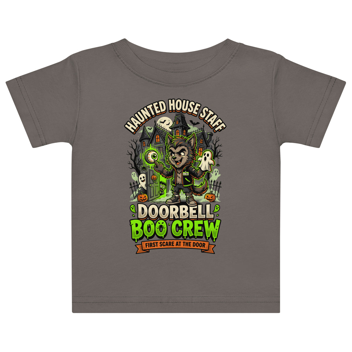 Haunted House Staff Lil Bro “Doorbell Boo Crew” Baby Jersey T-Shirt with Doorbell Boo Crew front design and matching LIL BRO back graphic for Halloween family outfits