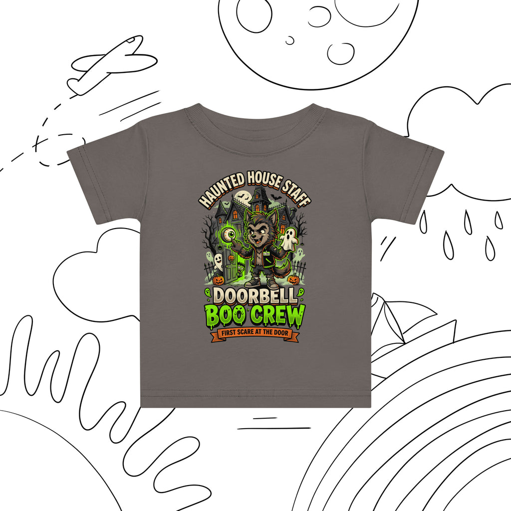 Haunted House Staff Lil Bro “Doorbell Boo Crew” Baby Jersey T-Shirt with Doorbell Boo Crew front design and matching LIL BRO back graphic for Halloween family outfits