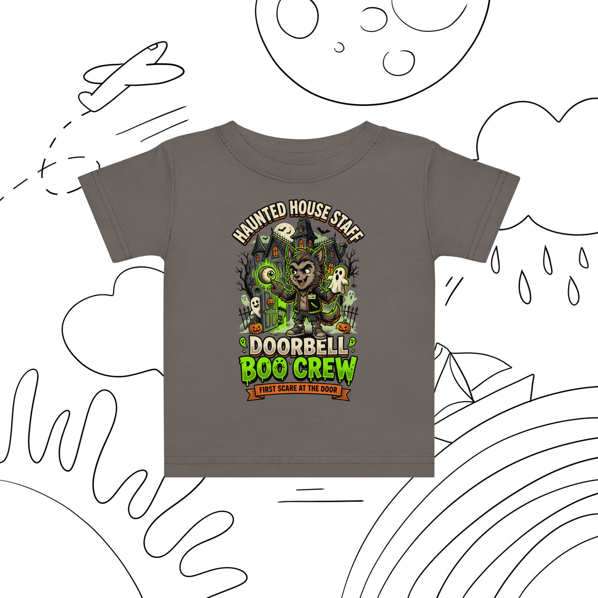 Haunted House Staff Lil Bro “Doorbell Boo Crew” Baby Jersey T-Shirt with Doorbell Boo Crew front design and matching LIL BRO back graphic for Halloween family outfits