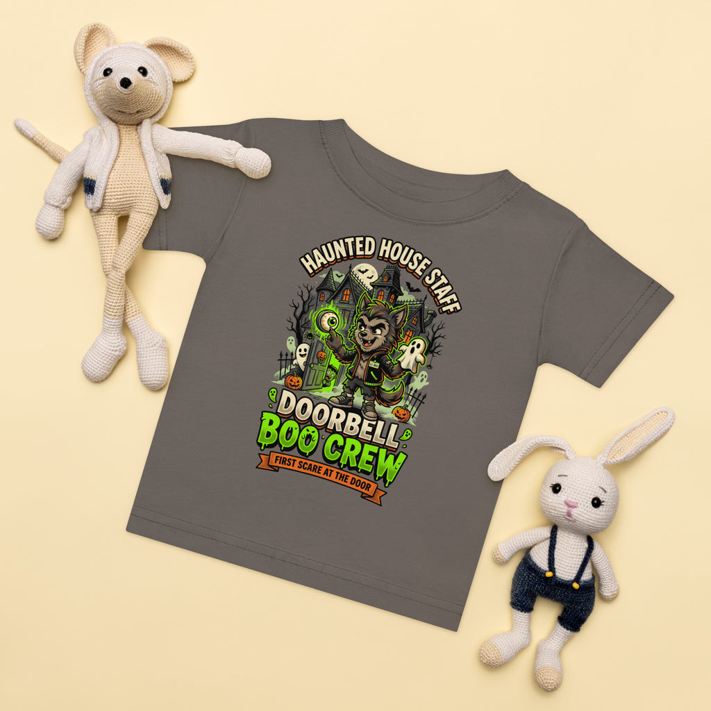 Haunted House Staff Lil Bro “Doorbell Boo Crew” Baby Jersey T-Shirt with Doorbell Boo Crew front design and matching LIL BRO back graphic for Halloween family outfits