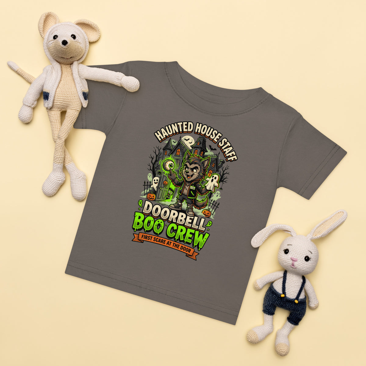 Haunted House Staff Lil Bro “Doorbell Boo Crew” Baby Jersey T-Shirt with Doorbell Boo Crew front design and matching LIL BRO back graphic for Halloween family outfits