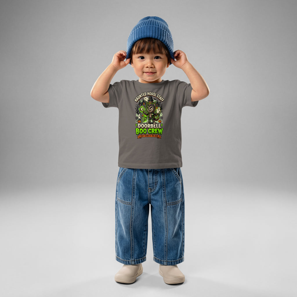 Haunted House Staff Lil Bro “Doorbell Boo Crew” Baby Jersey T-Shirt with Doorbell Boo Crew front design and matching LIL BRO back graphic for Halloween family outfits