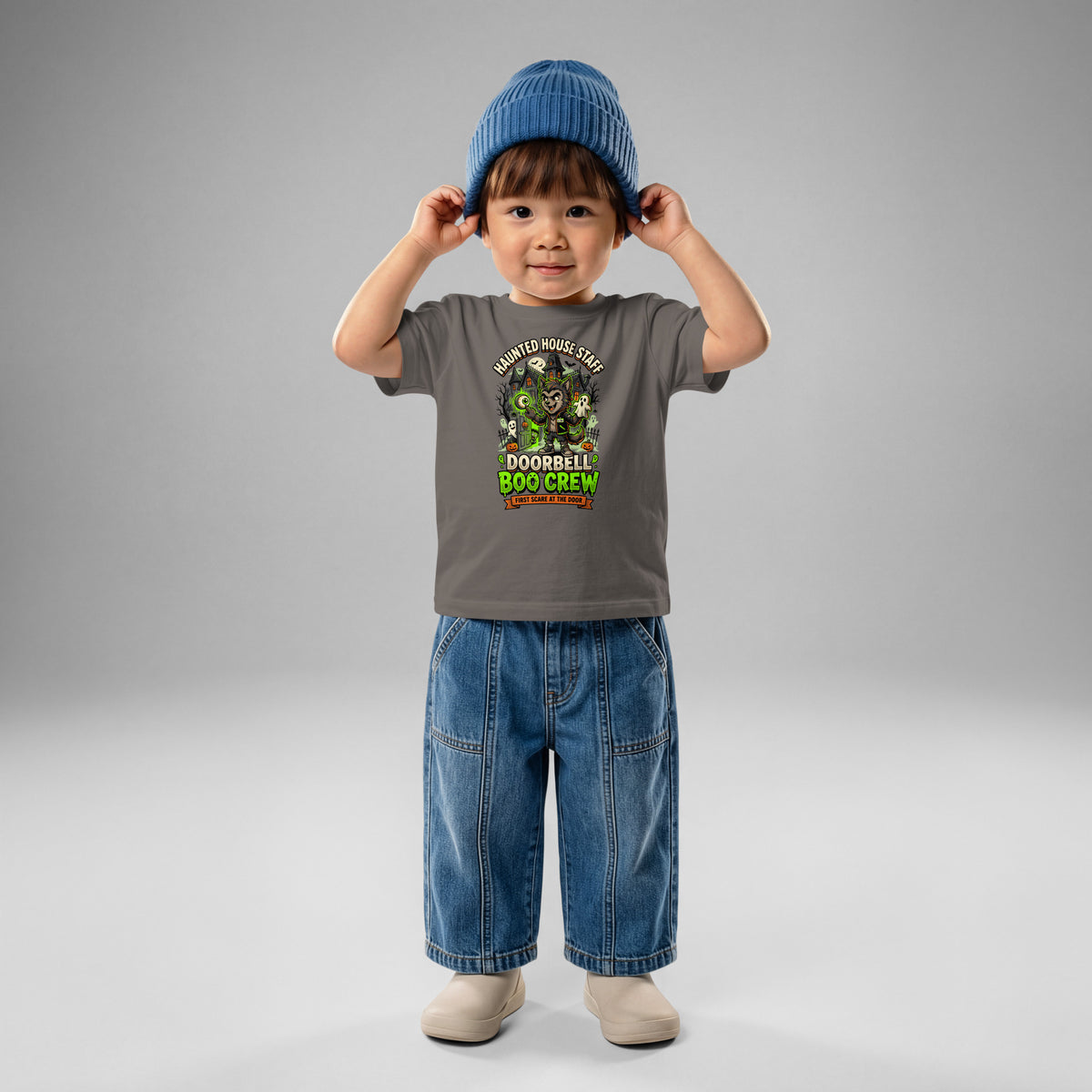 Haunted House Staff Lil Bro “Doorbell Boo Crew” Baby Jersey T-Shirt with Doorbell Boo Crew front design and matching LIL BRO back graphic for Halloween family outfits