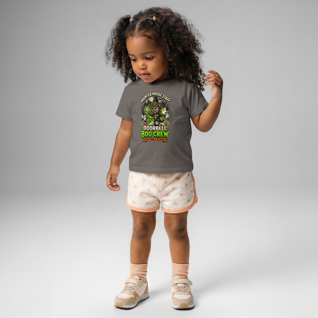 Haunted House Staff Lil Bro “Doorbell Boo Crew” Baby Jersey T-Shirt with Doorbell Boo Crew front design and matching LIL BRO back graphic for Halloween family outfits