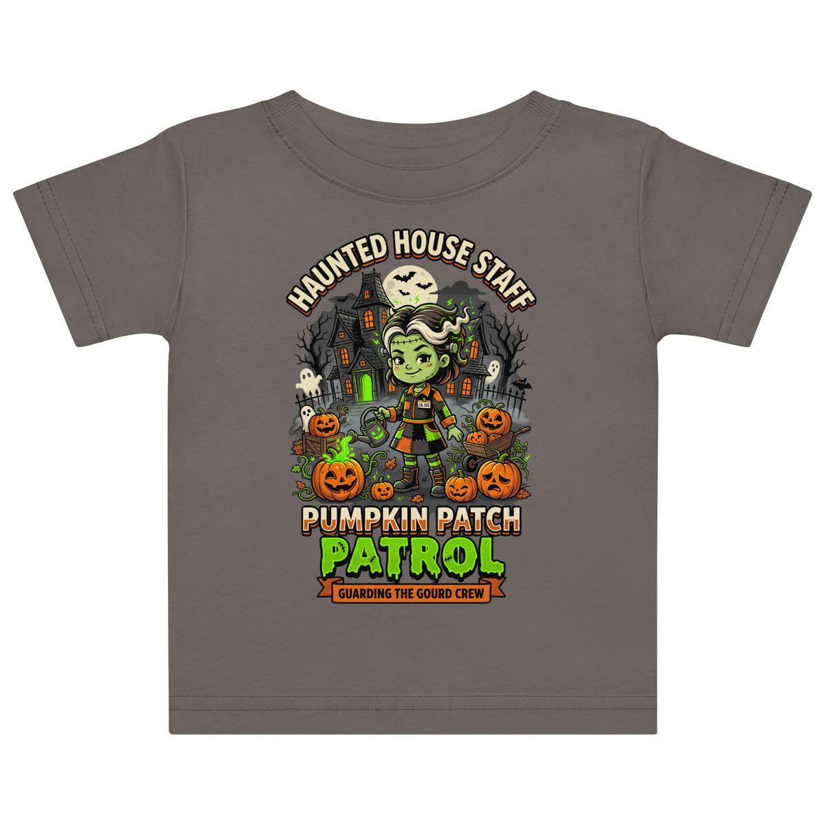 Haunted House Staff Lil Sis “Pumpkin Patch Patrol” Baby Jersey T-Shirt with Pumpkin Patch Patrol front design and matching LIL SIS back graphic for Halloween family outfits