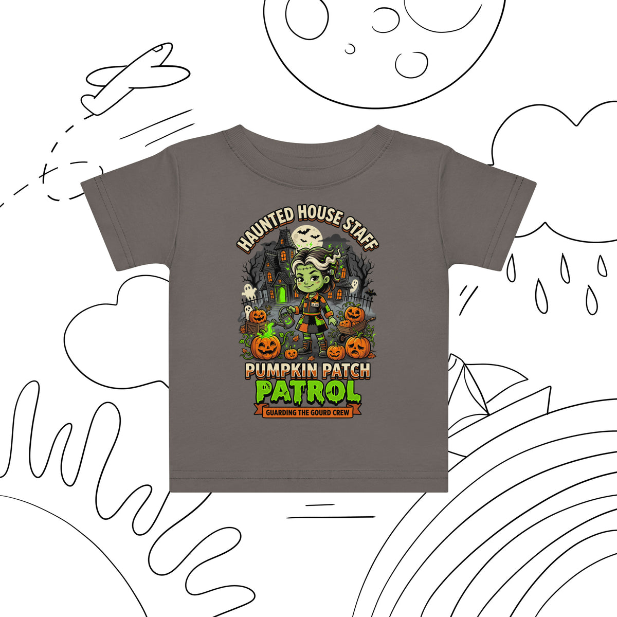 Haunted House Staff Lil Sis “Pumpkin Patch Patrol” Baby Jersey T-Shirt with Pumpkin Patch Patrol front design and matching LIL SIS back graphic for Halloween family outfits