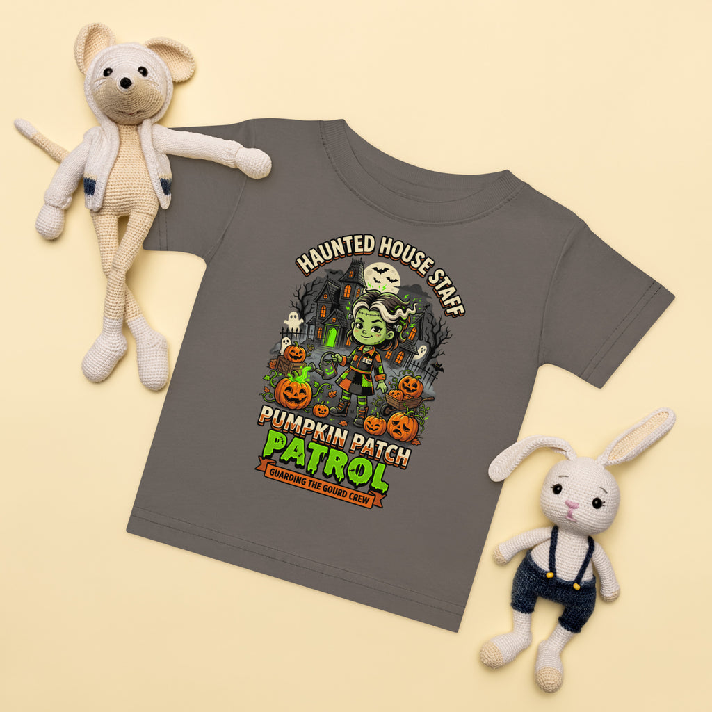 Haunted House Staff Lil Sis “Pumpkin Patch Patrol” Baby Jersey T-Shirt with Pumpkin Patch Patrol front design and matching LIL SIS back graphic for Halloween family outfits