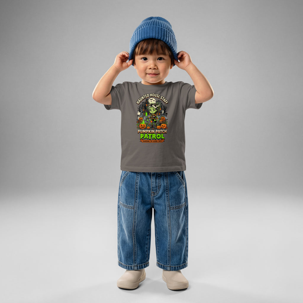 Haunted House Staff Lil Sis “Pumpkin Patch Patrol” Baby Jersey T-Shirt with Pumpkin Patch Patrol front design and matching LIL SIS back graphic for Halloween family outfits