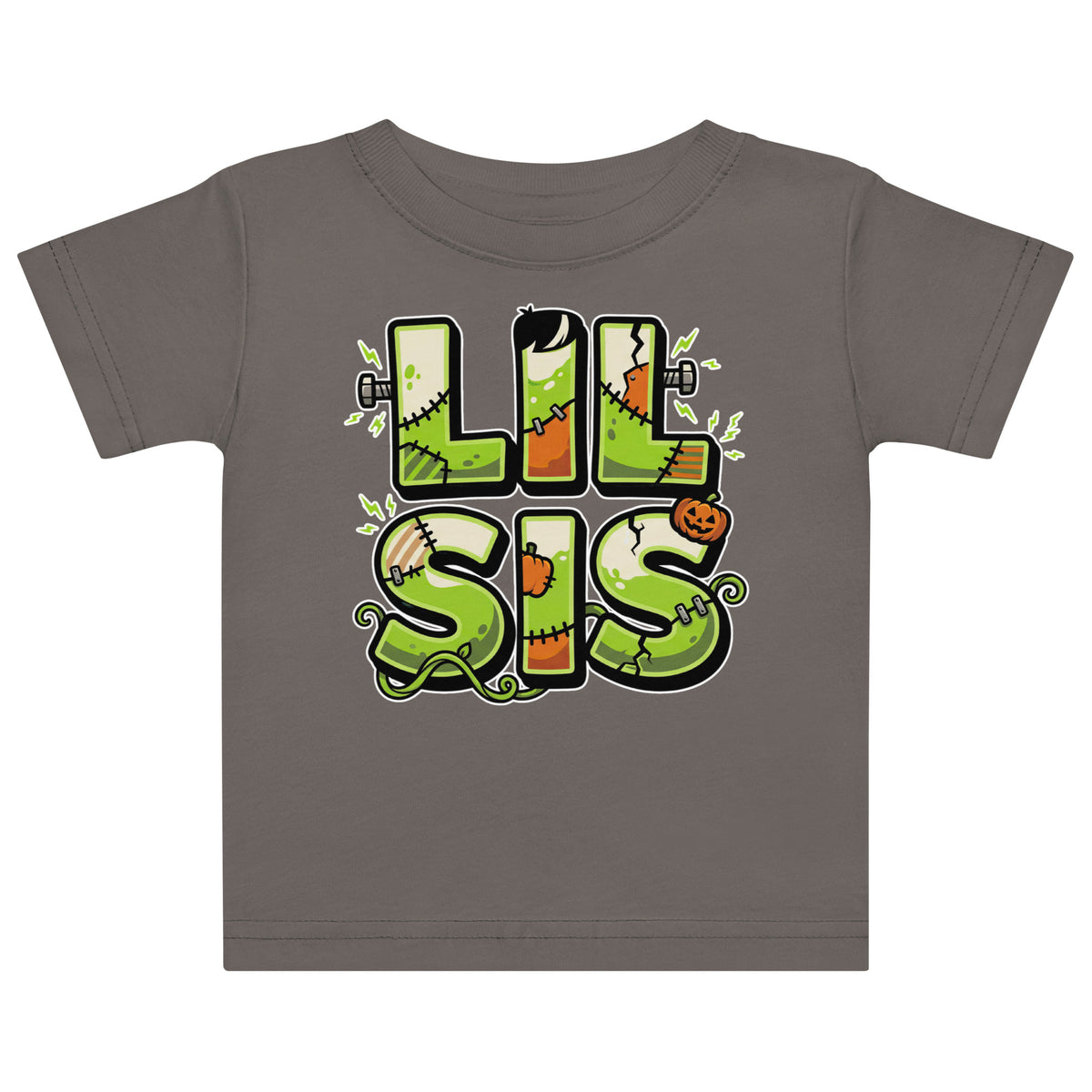 LIL SIS Halloween monster name Baby Jersey T-Shirt in Black with spooky front lettering and blank back
