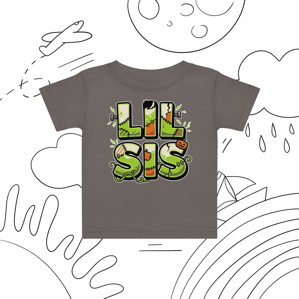 LIL SIS Halloween monster name Baby Jersey T-Shirt in White with spooky front lettering and blank back