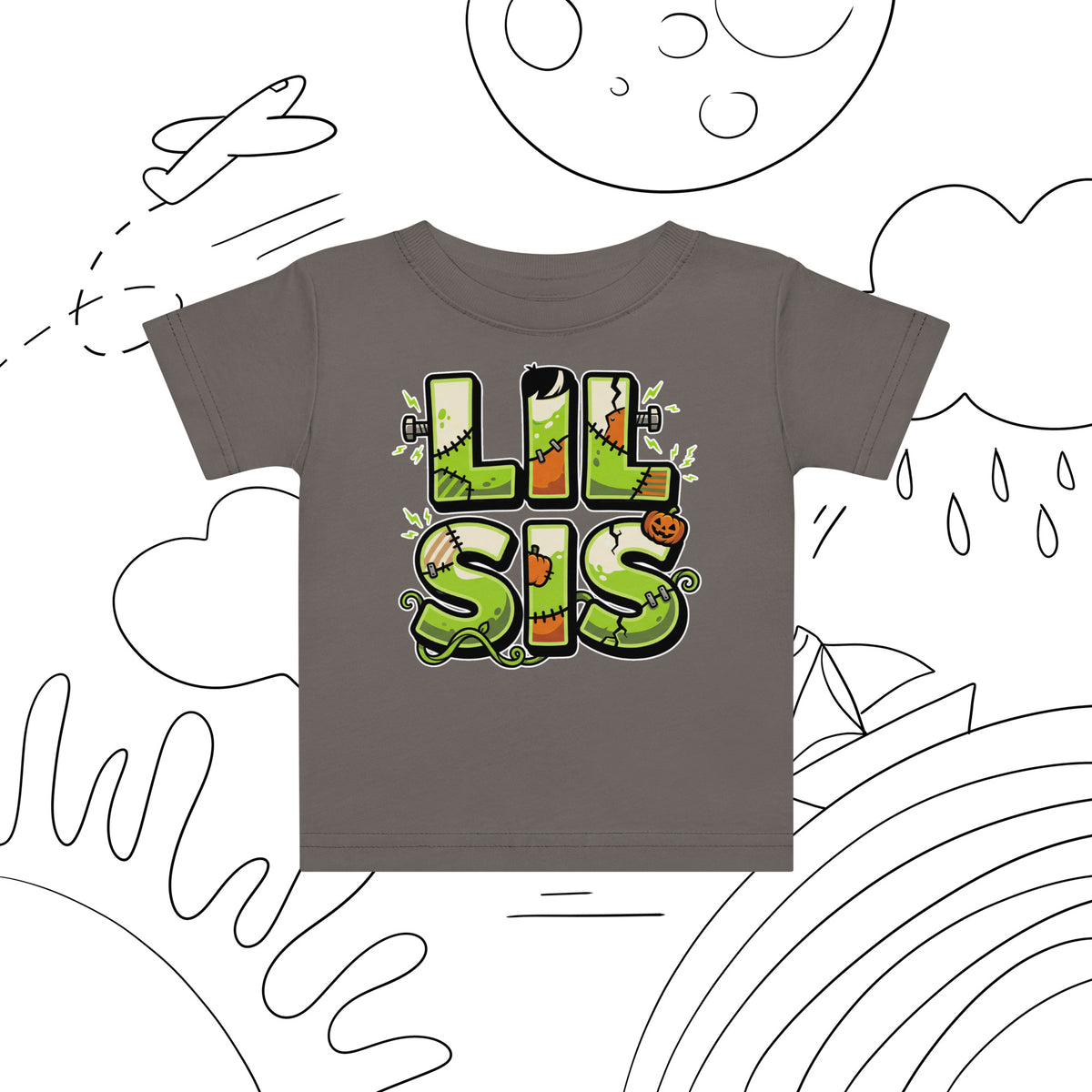LIL SIS Halloween monster name Baby Jersey T-Shirt in White with spooky front lettering and blank back