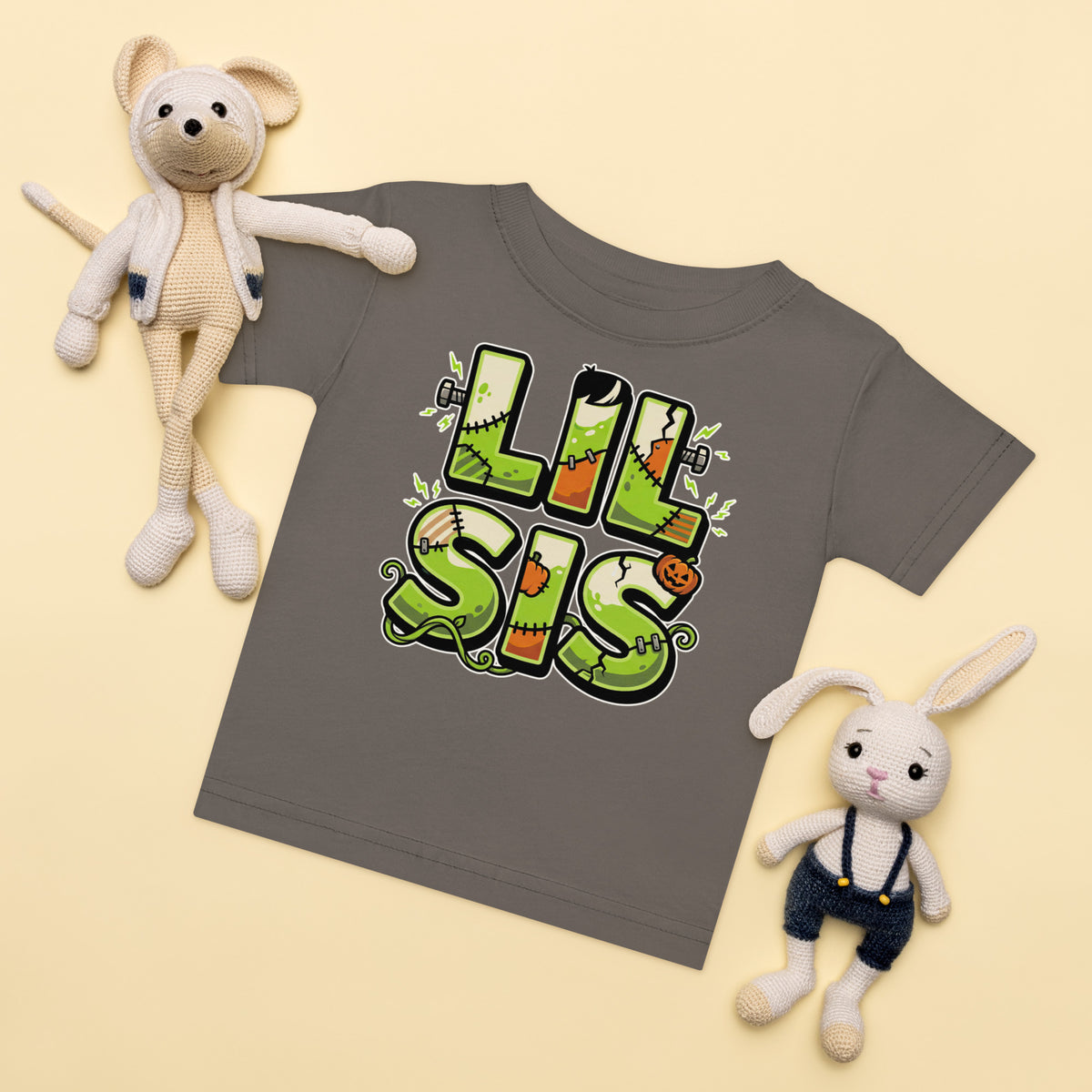 LIL SIS Halloween monster name Baby Jersey T-Shirt in White with spooky front lettering and blank back