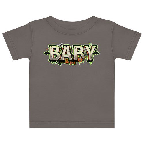 BABY Halloween monster name Baby Jersey T-Shirt in Black with spooky front lettering and blank back