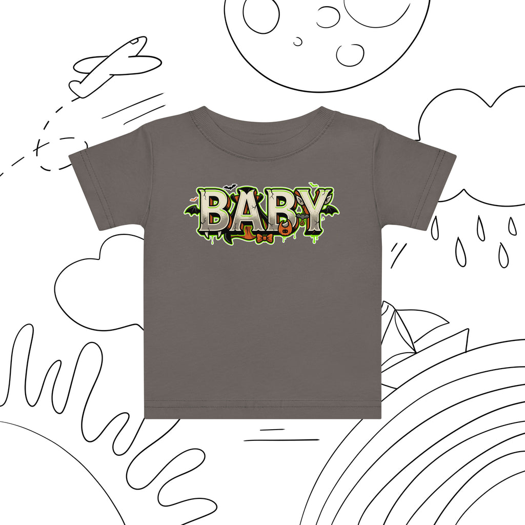 BABY Halloween monster name Baby Jersey T-Shirt with spooky front lettering and blank back