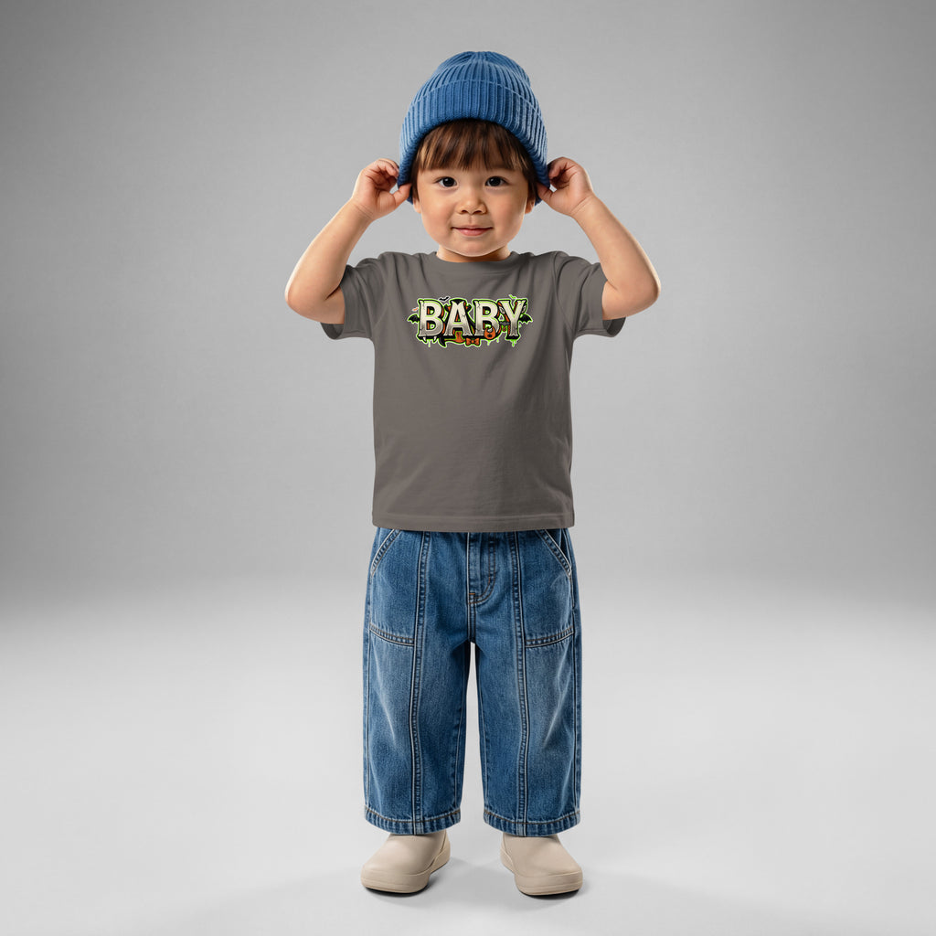 BABY Halloween monster name Baby Jersey T-Shirt in Charcoal with spooky front lettering and blank back