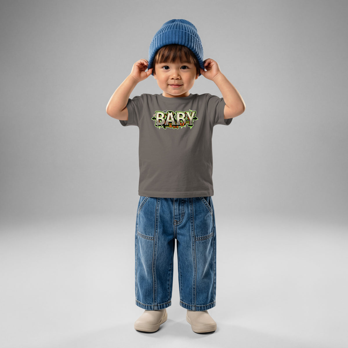 BABY Halloween monster name Baby Jersey T-Shirt in Charcoal with spooky front lettering and blank back