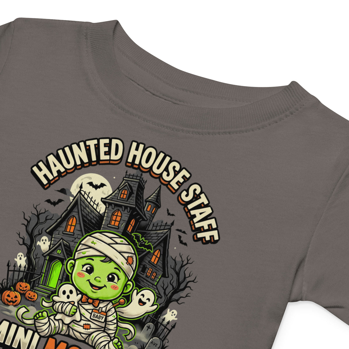 Haunted House Staff Lil Baby “Mini Monster Mascot” Baby Jersey T-Shirt with Mini Monster Mascot front design and matching LIL BABY back graphic for Halloween family outfits