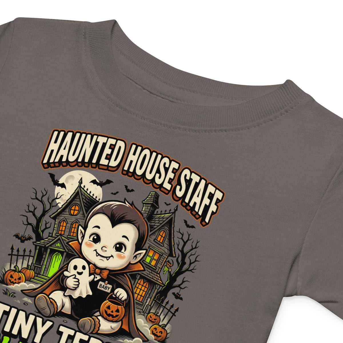 Haunted House Staff Baby “Tiny Terror in Training” Baby Jersey T-Shirt with Tiny Terror in Training front design and matching BABY back graphic for Halloween family outfits