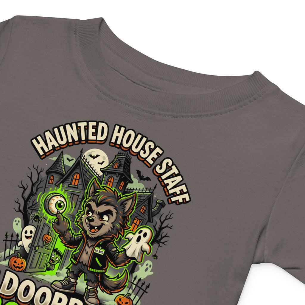 Haunted House Staff Lil Bro “Doorbell Boo Crew” Baby Jersey T-Shirt with Doorbell Boo Crew front design and matching LIL BRO back graphic for Halloween family outfits