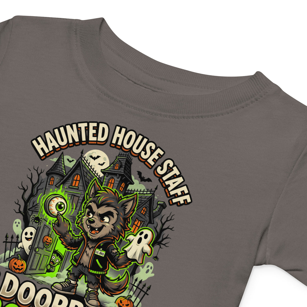 Haunted House Staff Lil Bro “Doorbell Boo Crew” Baby Jersey T-Shirt with Doorbell Boo Crew front design and matching LIL BRO back graphic for Halloween family outfits