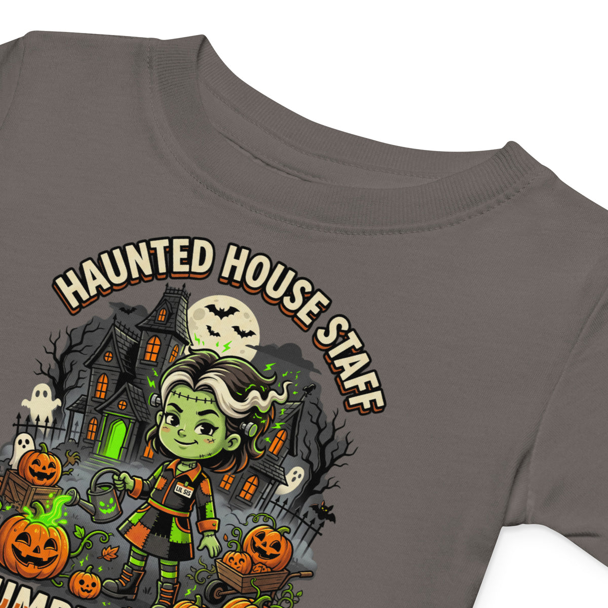Haunted House Staff Lil Sis “Pumpkin Patch Patrol” Baby Jersey T-Shirt with Pumpkin Patch Patrol front design and matching LIL SIS back graphic for Halloween family outfits