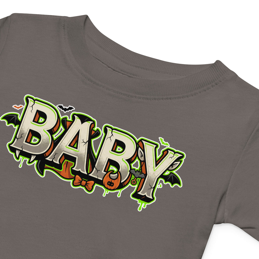 BABY Halloween monster name Baby Jersey T-Shirt with spooky front lettering and blank back