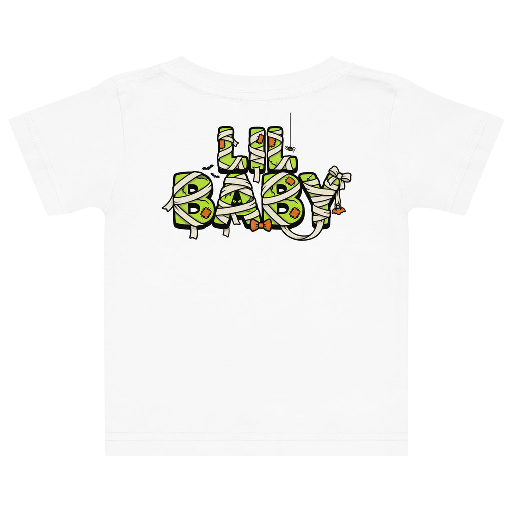 Haunted House Staff Lil Baby “Mini Monster Mascot” Baby Jersey T-Shirt with Mini Monster Mascot front design and matching LIL BABY back graphic for Halloween family outfits