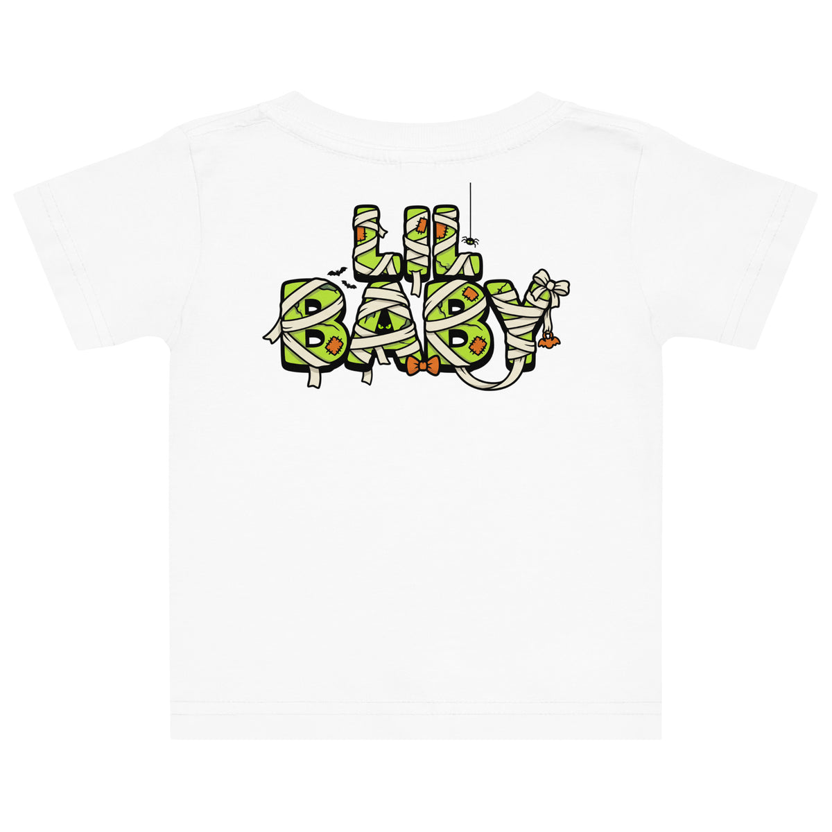 Haunted House Staff Lil Baby “Mini Monster Mascot” Baby Jersey T-Shirt with Mini Monster Mascot front design and matching LIL BABY back graphic for Halloween family outfits