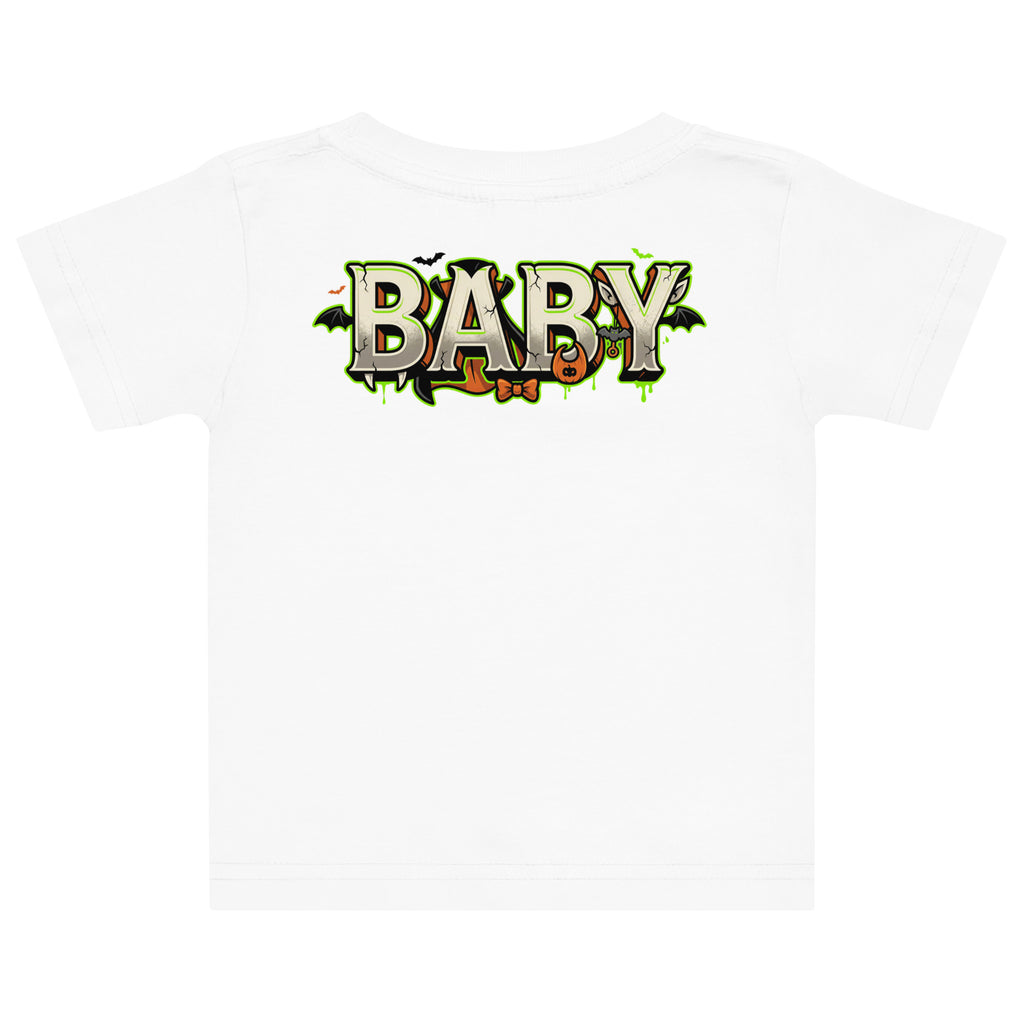 Haunted House Staff Baby “Tiny Terror in Training” Baby Jersey T-Shirt with Tiny Terror in Training front design and matching BABY back graphic for Halloween family outfits