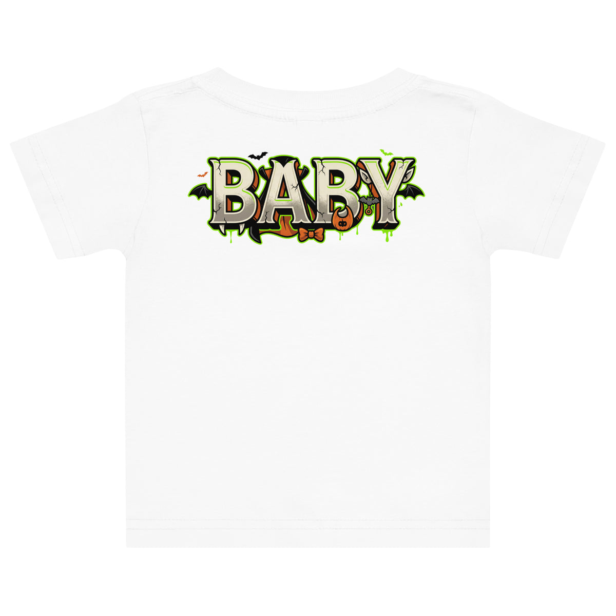 Haunted House Staff Baby “Tiny Terror in Training” Baby Jersey T-Shirt with Tiny Terror in Training front design and matching BABY back graphic for Halloween family outfits