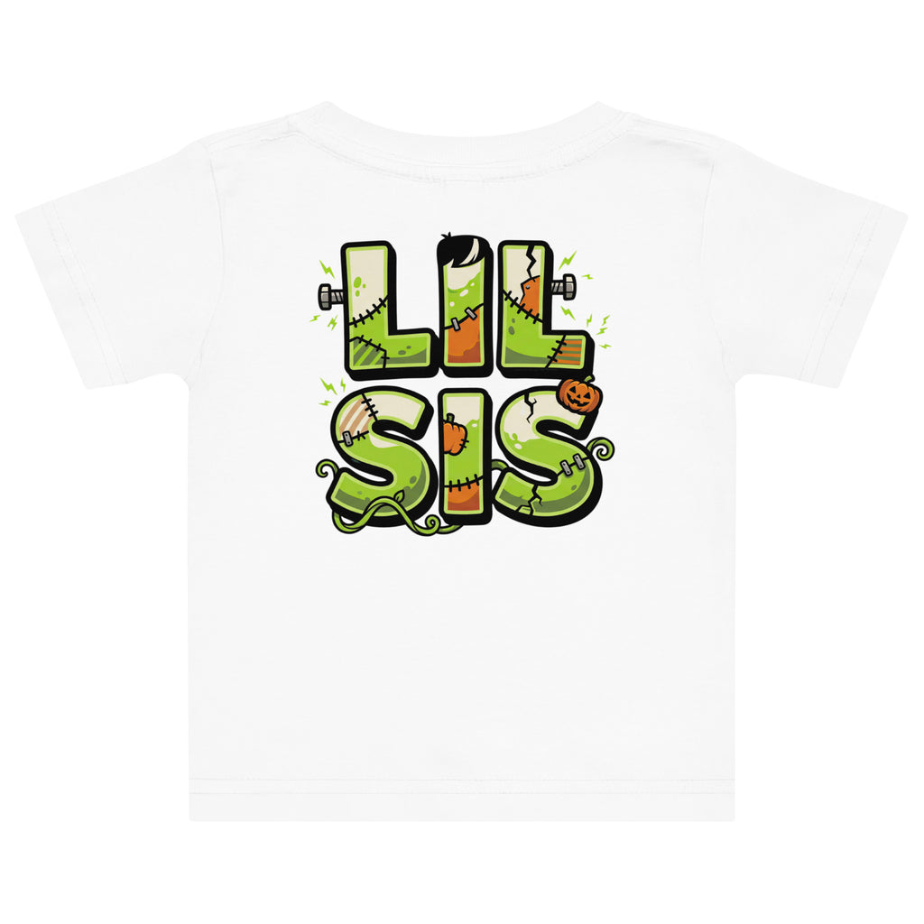 Haunted House Staff Lil Sis “Pumpkin Patch Patrol” Baby Jersey T-Shirt with Pumpkin Patch Patrol front design and matching LIL SIS back graphic for Halloween family outfits