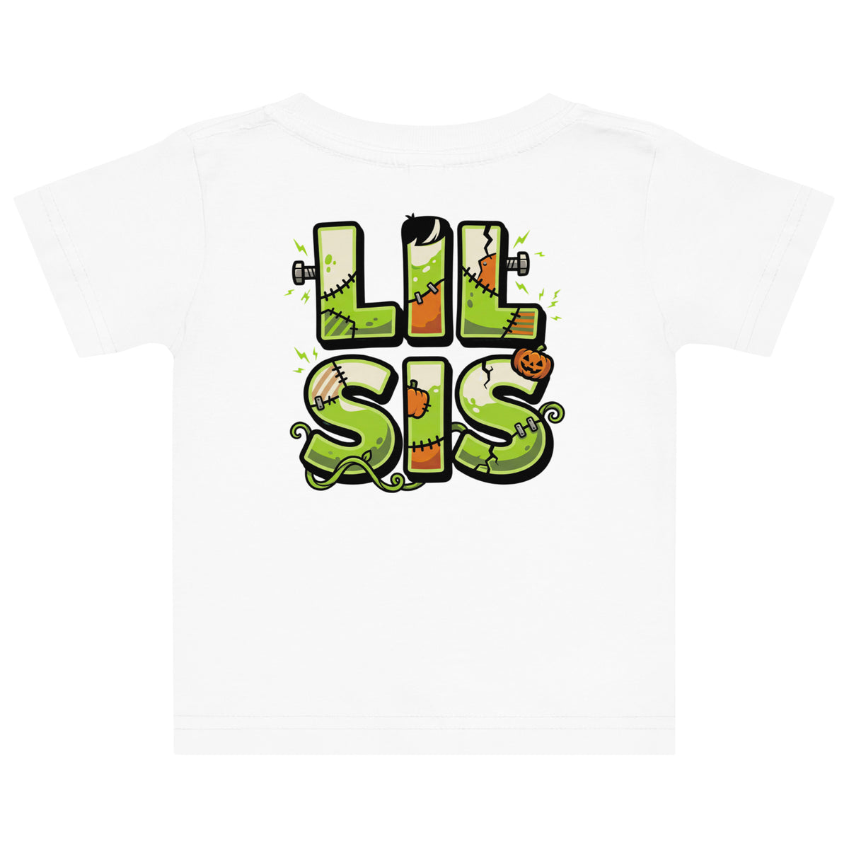 Haunted House Staff Lil Sis “Pumpkin Patch Patrol” Baby Jersey T-Shirt with Pumpkin Patch Patrol front design and matching LIL SIS back graphic for Halloween family outfits