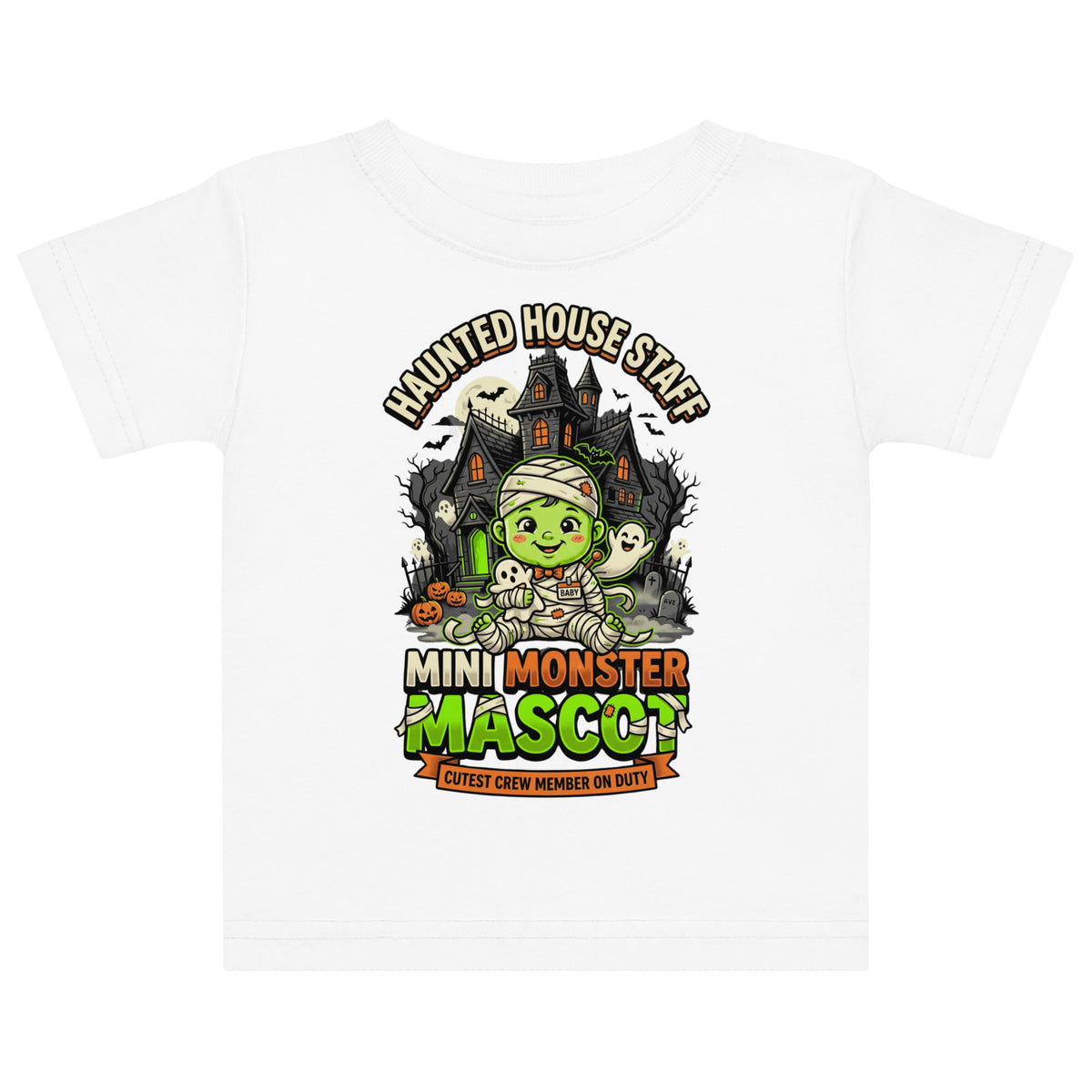 Haunted House Staff Lil Baby “Mini Monster Mascot” Baby Jersey T-Shirt with Mini Monster Mascot front design and matching LIL BABY back graphic for Halloween family outfits