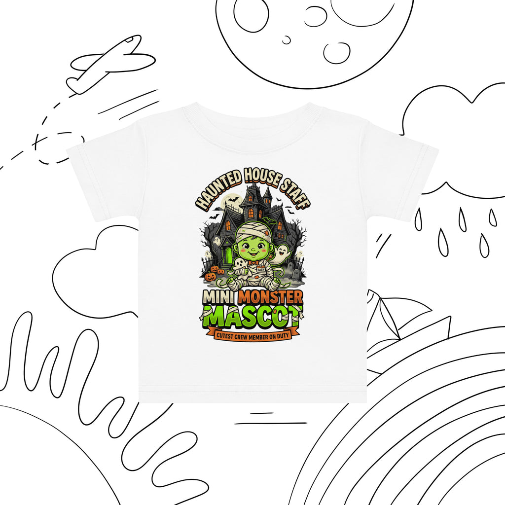 Haunted House Staff Lil Baby “Mini Monster Mascot” Baby Jersey T-Shirt with Mini Monster Mascot front design and matching LIL BABY back graphic for Halloween family outfits