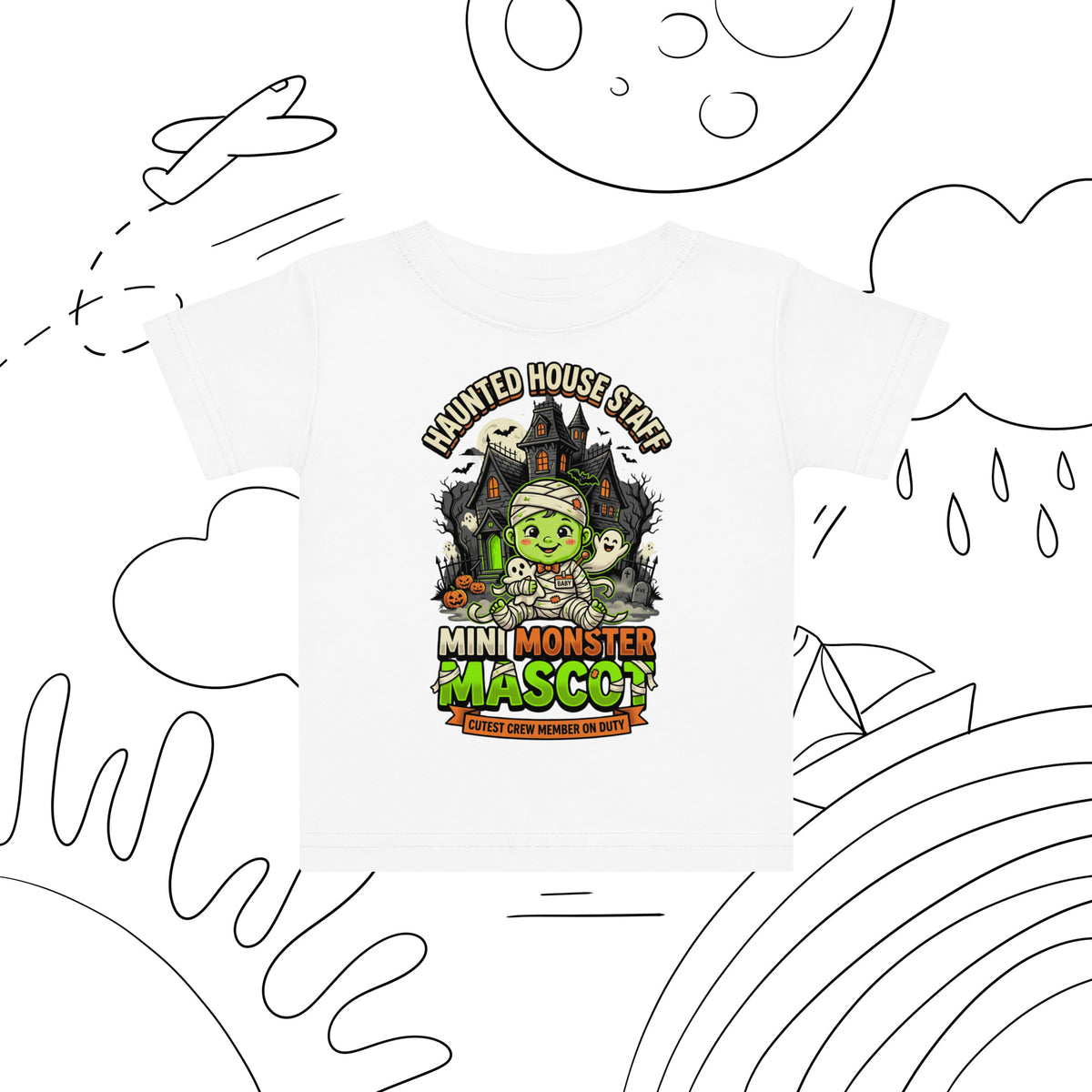 Haunted House Staff Lil Baby “Mini Monster Mascot” Baby Jersey T-Shirt with Mini Monster Mascot front design and matching LIL BABY back graphic for Halloween family outfits
