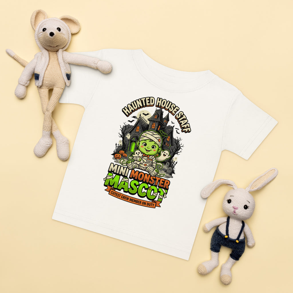 Haunted House Staff Lil Baby “Mini Monster Mascot” Baby Jersey T-Shirt with Mini Monster Mascot front design and matching LIL BABY back graphic for Halloween family outfits