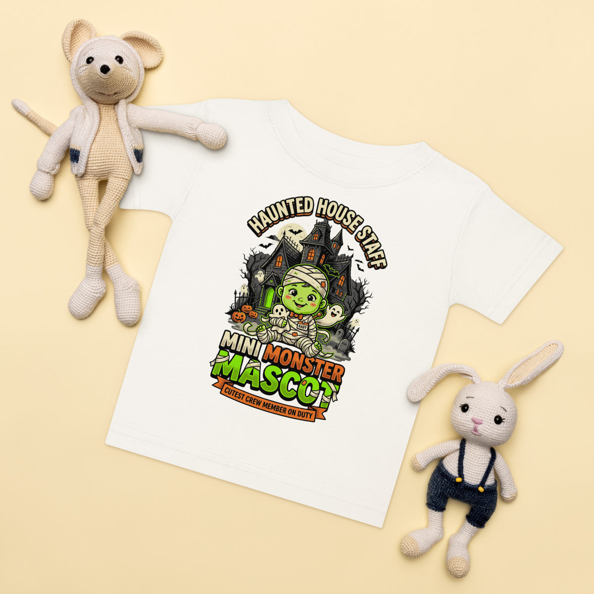 Haunted House Staff Lil Baby “Mini Monster Mascot” Baby Jersey T-Shirt with Mini Monster Mascot front design and matching LIL BABY back graphic for Halloween family outfits