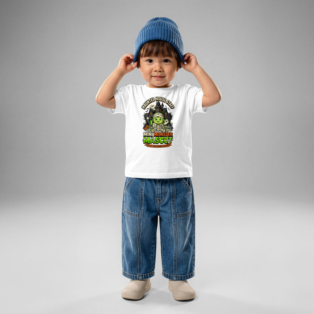 Haunted House Staff Lil Baby “Mini Monster Mascot” Baby Jersey T-Shirt with Mini Monster Mascot front design and matching LIL BABY back graphic for Halloween family outfits