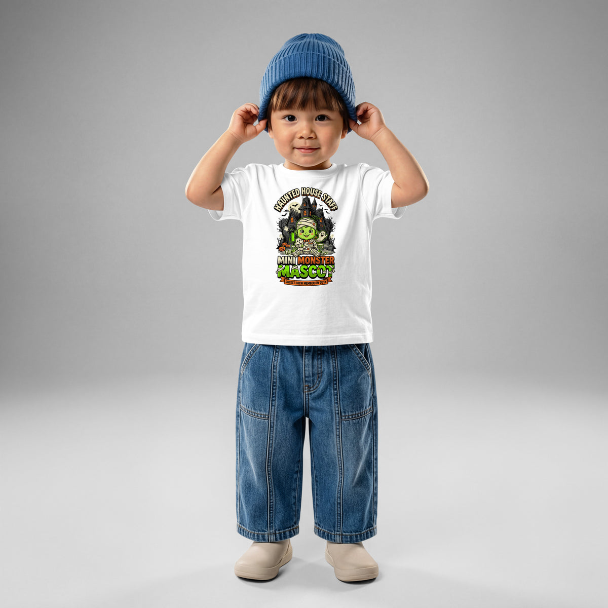 Haunted House Staff Lil Baby “Mini Monster Mascot” Baby Jersey T-Shirt with Mini Monster Mascot front design and matching LIL BABY back graphic for Halloween family outfits