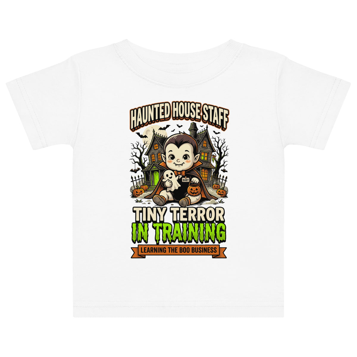 Haunted House Staff Baby “Tiny Terror in Training” Baby Jersey T-Shirt with Tiny Terror in Training front design and matching BABY back graphic for Halloween family outfits