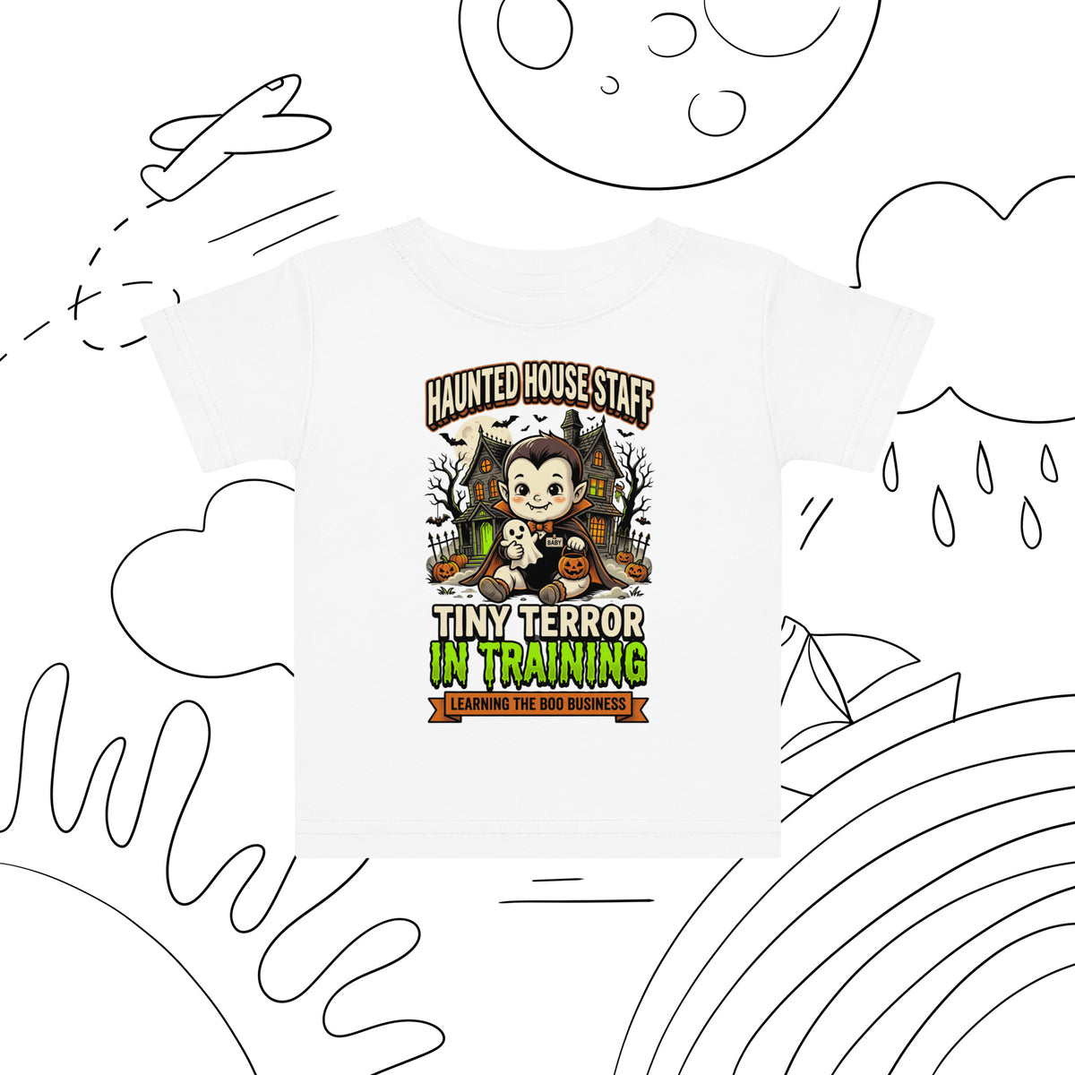 Haunted House Staff Baby “Tiny Terror in Training” Baby Jersey T-Shirt with Tiny Terror in Training front design and matching BABY back graphic for Halloween family outfits