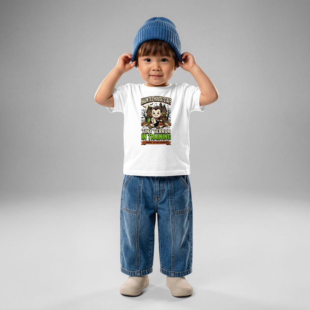 Haunted House Staff Baby “Tiny Terror in Training” Baby Jersey T-Shirt with Tiny Terror in Training front design and matching BABY back graphic for Halloween family outfits