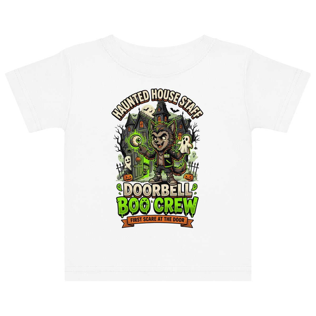 Haunted House Staff Lil Bro “Doorbell Boo Crew” Baby Jersey T-Shirt with Doorbell Boo Crew front design and matching LIL BRO back graphic for Halloween family outfits