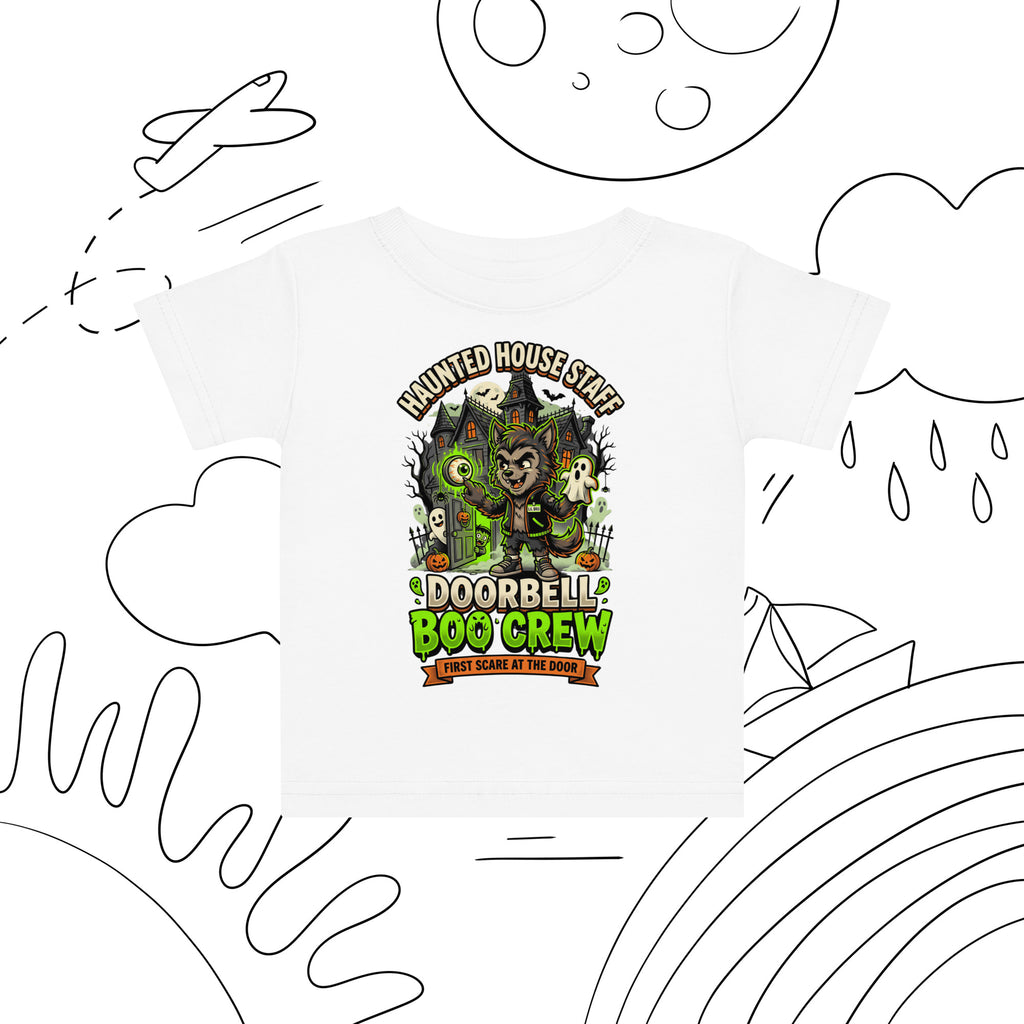 Haunted House Staff Lil Bro “Doorbell Boo Crew” Baby Jersey T-Shirt with Doorbell Boo Crew front design and matching LIL BRO back graphic for Halloween family outfits