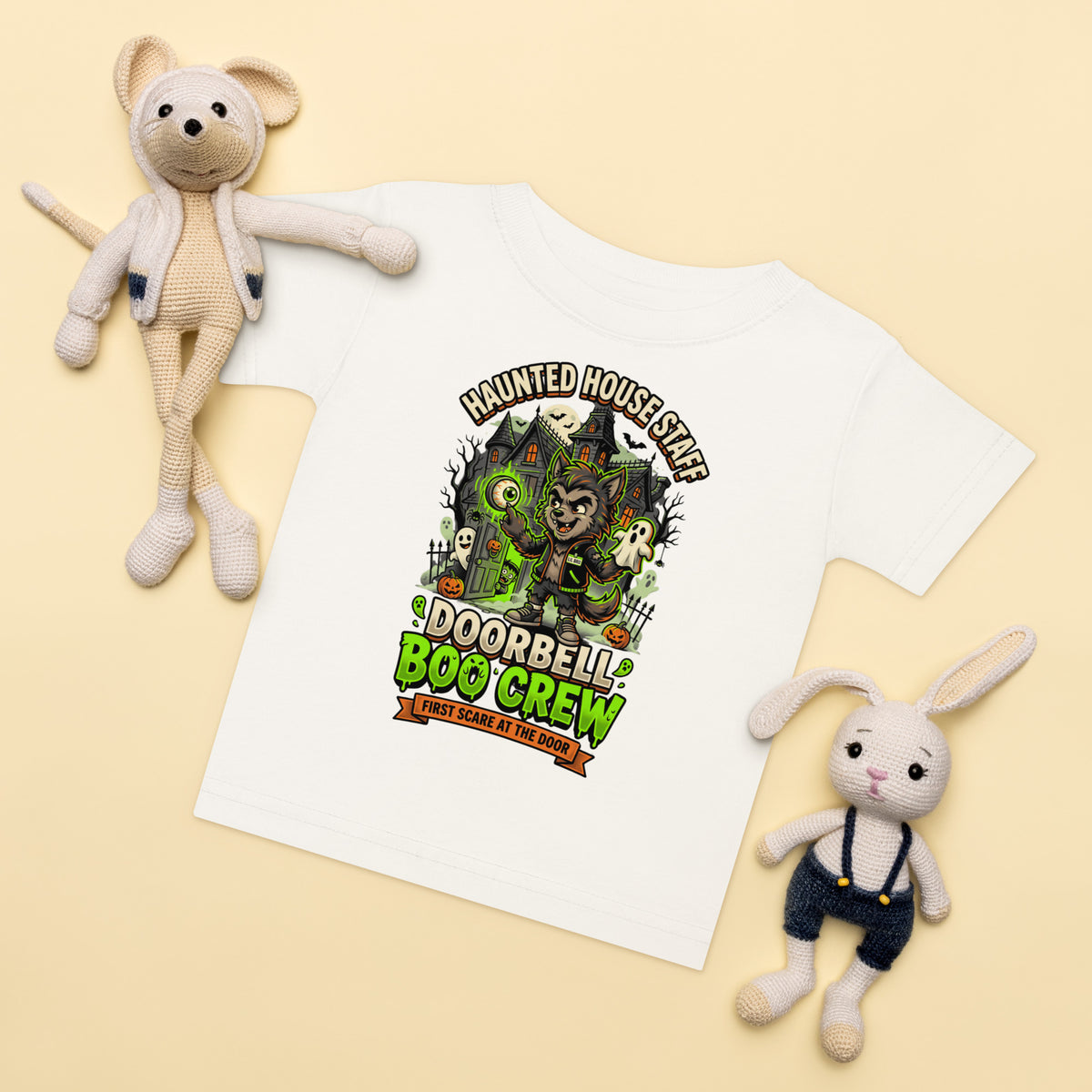 Haunted House Staff Lil Bro “Doorbell Boo Crew” Baby Jersey T-Shirt with Doorbell Boo Crew front design and matching LIL BRO back graphic for Halloween family outfits