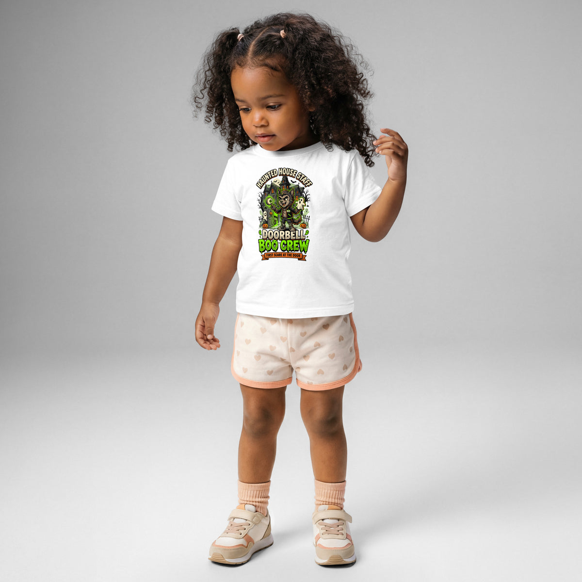 Haunted House Staff Lil Bro “Doorbell Boo Crew” Baby Jersey T-Shirt with Doorbell Boo Crew front design and matching LIL BRO back graphic for Halloween family outfits