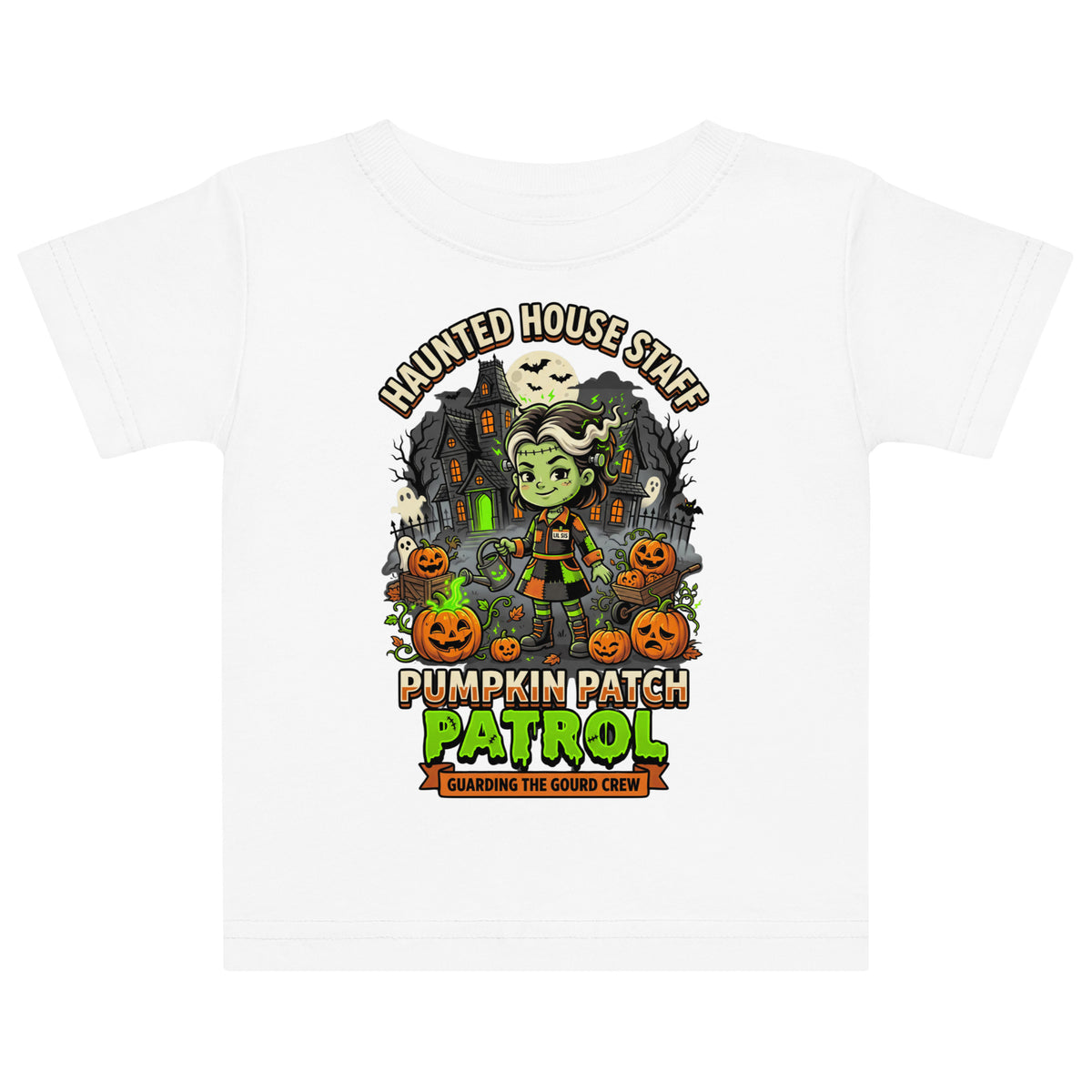 Haunted House Staff Lil Sis “Pumpkin Patch Patrol” Baby Jersey T-Shirt with Pumpkin Patch Patrol front design and matching LIL SIS back graphic for Halloween family outfits