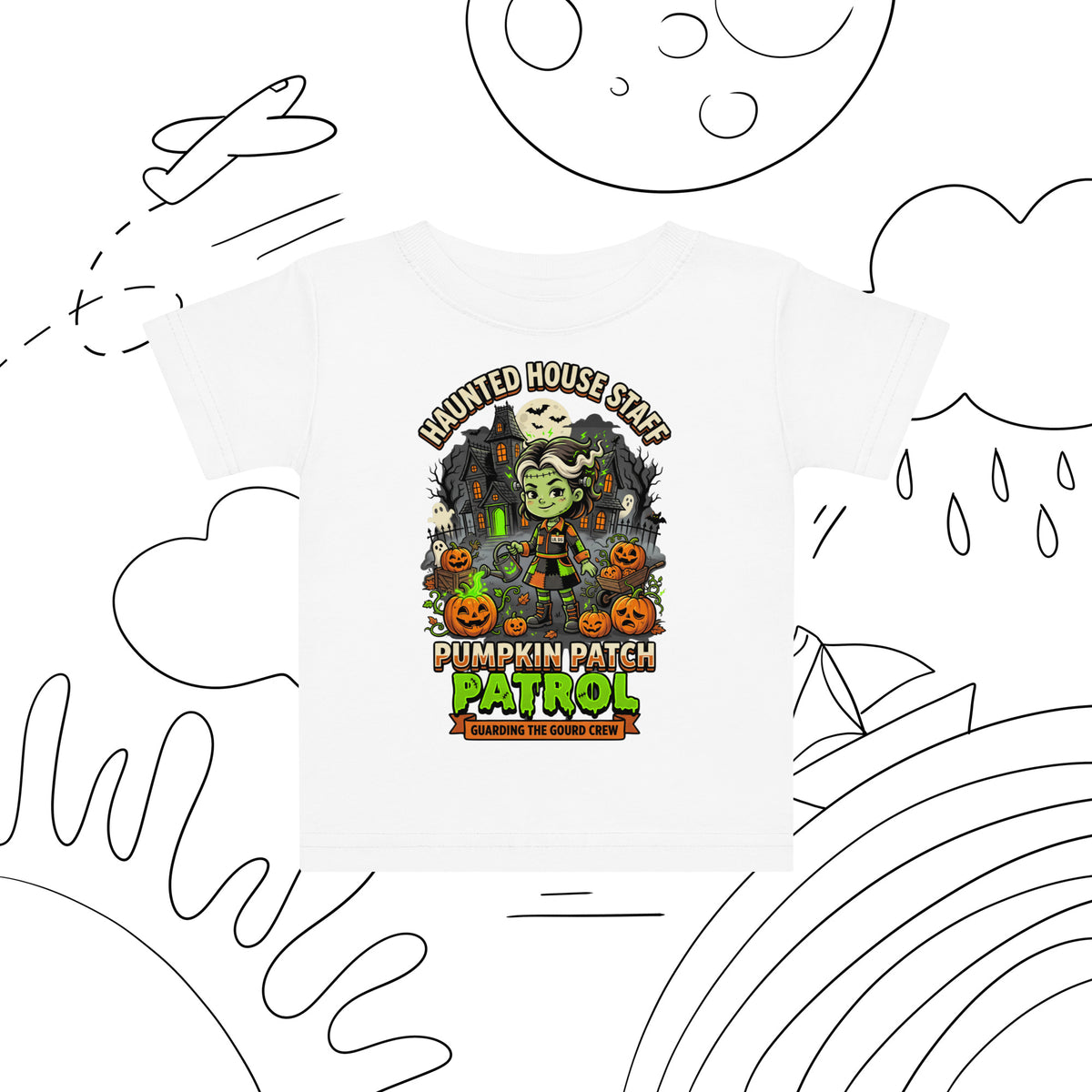 Haunted House Staff Lil Sis “Pumpkin Patch Patrol” Baby Jersey T-Shirt with Pumpkin Patch Patrol front design and matching LIL SIS back graphic for Halloween family outfits
