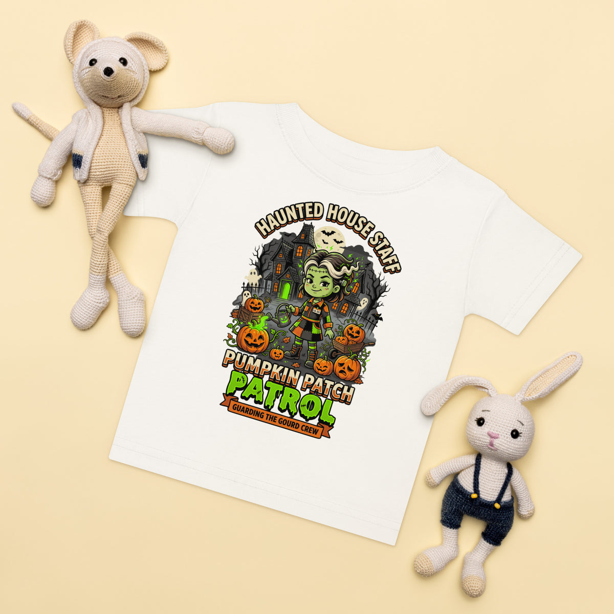 Haunted House Staff Lil Sis “Pumpkin Patch Patrol” Baby Jersey T-Shirt with Pumpkin Patch Patrol front design and matching LIL SIS back graphic for Halloween family outfits