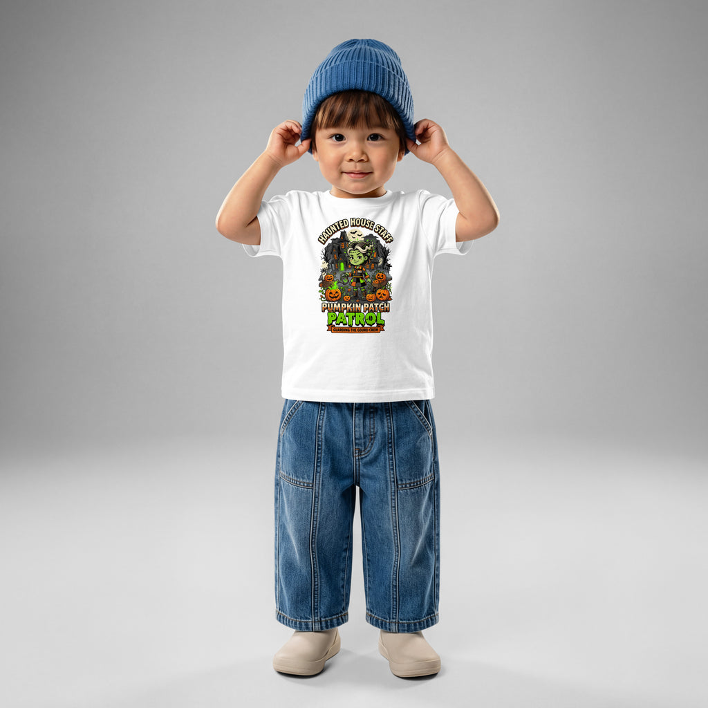 Haunted House Staff Lil Sis “Pumpkin Patch Patrol” Baby Jersey T-Shirt with Pumpkin Patch Patrol front design and matching LIL SIS back graphic for Halloween family outfits